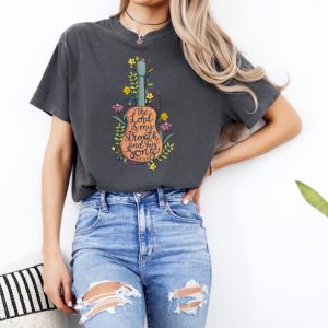 The Lord Is My Strength and My Song Floral Guitar Comfort Colors Pepper T-Shirt